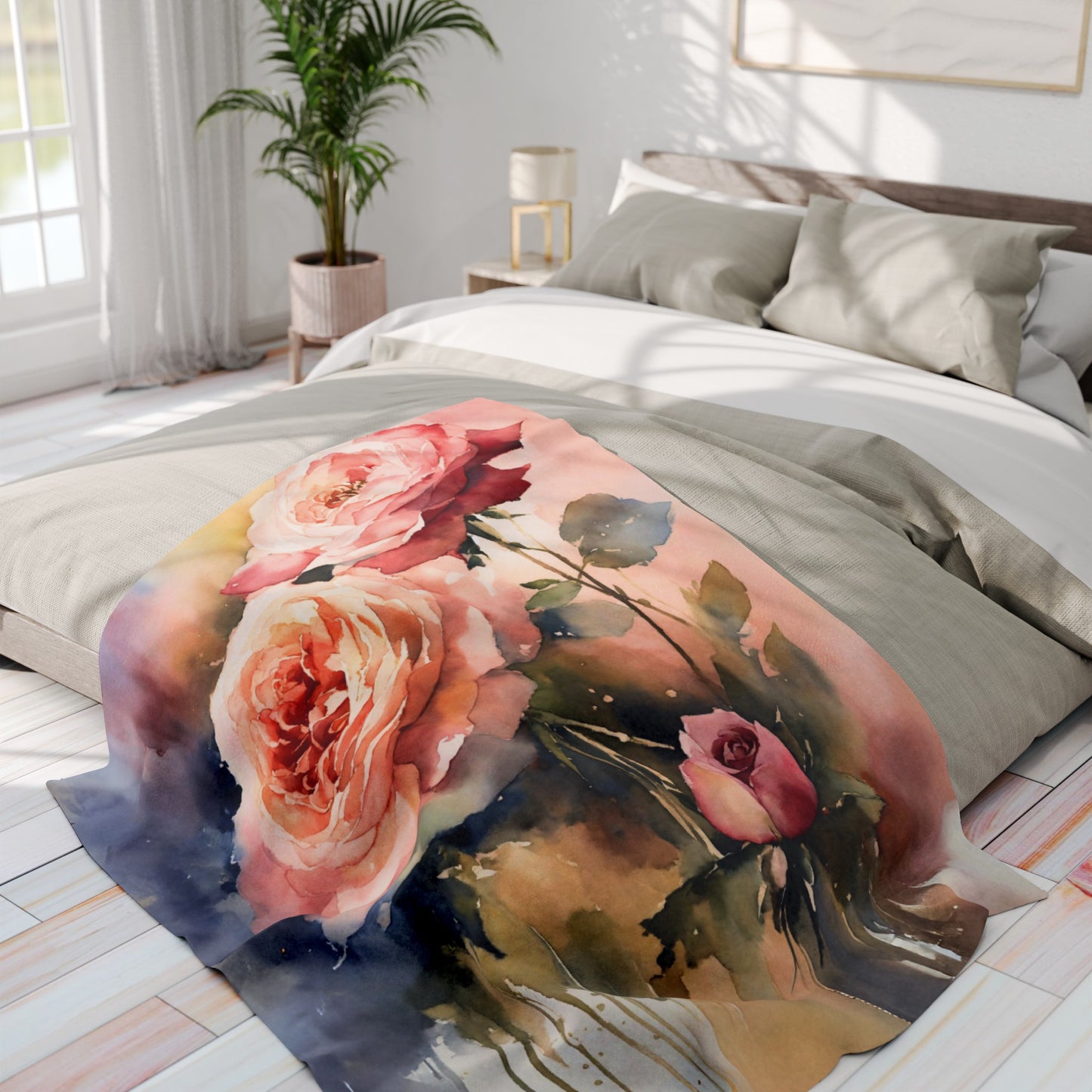 Floral Rose Print Fleece Throw Blanket