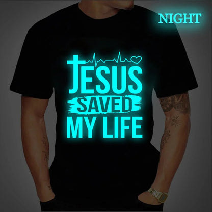 Christian Strong Jesus Saved My Life Luminous Graphic Crew Neck Tee Short Sleeve For Men And Women T-shirts - 7 Colors Available