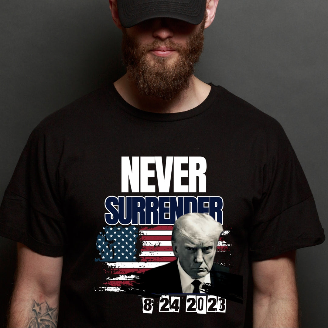 NEVER SURRENDER Trump Mugshot Men's T-shirt