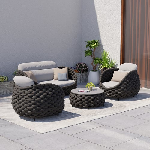 Outdoor And Indoor Woven Rope Garden Patio Furniture Sofa Set And Coffee Table - 4-Pieces