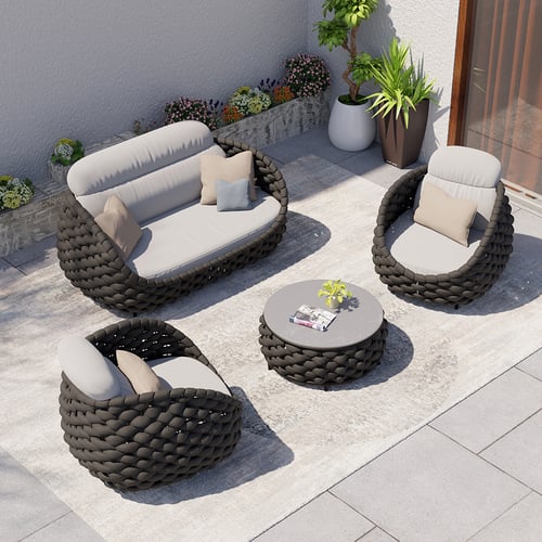 Outdoor And Indoor Woven Rope Garden Patio Furniture Sofa Set And Coffee Table - 4-Pieces