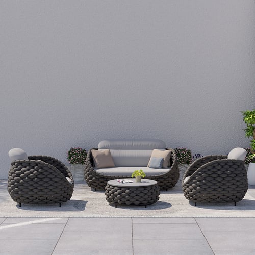 Outdoor And Indoor Woven Rope Garden Patio Furniture Sofa Set And Coffee Table - 4-Pieces