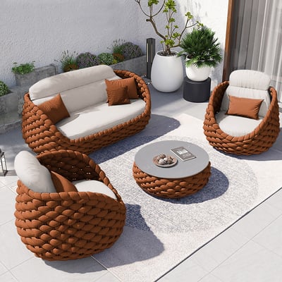 Outdoor And Indoor Woven Rope Garden Patio Furniture Sofa Set And Coffee Table - 4-Pieces