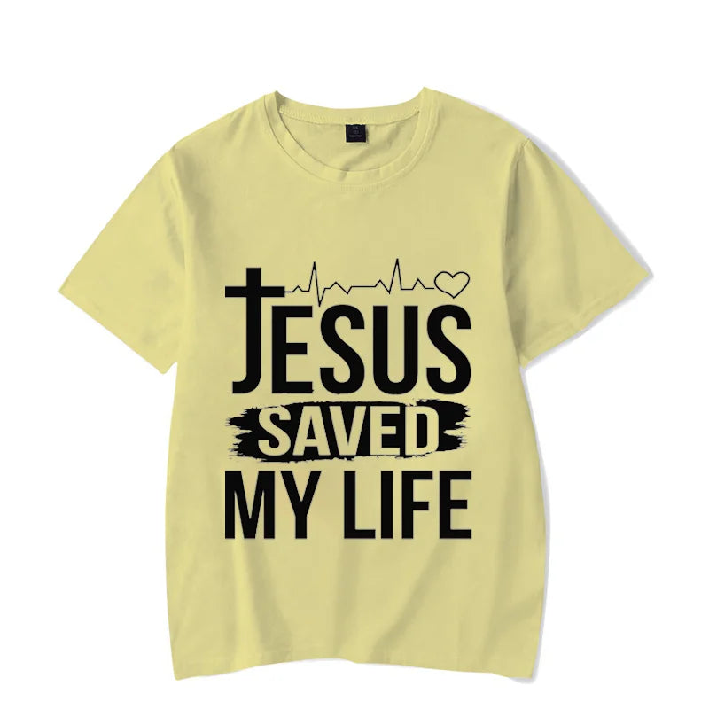 Christian Strong Jesus Saved My Life Luminous Graphic Crew Neck Tee Short Sleeve For Men And Women T-shirts - 7 Colors Available