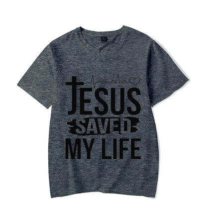 Christian Strong Jesus Saved My Life Luminous Graphic Crew Neck Tee Short Sleeve For Men And Women T-shirts - 7 Colors Available