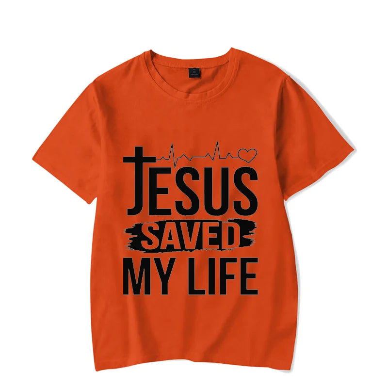 Christian Strong Jesus Saved My Life Luminous Graphic Crew Neck Tee Short Sleeve For Men And Women T-shirts - 7 Colors Available