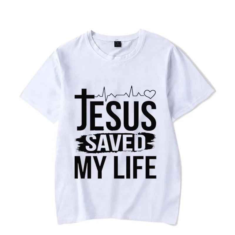 Christian Strong Jesus Saved My Life Luminous Graphic Crew Neck Tee Short Sleeve For Men And Women T-shirts - 7 Colors Available