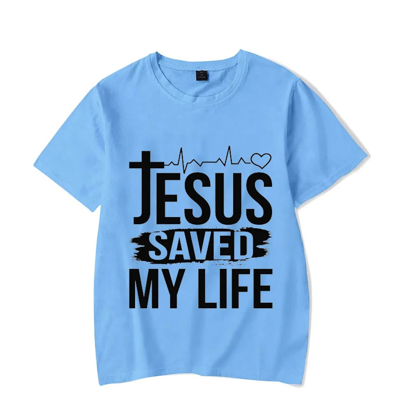 Christian Strong Jesus Saved My Life Luminous Graphic Crew Neck Tee Short Sleeve For Men And Women T-shirts - 7 Colors Available