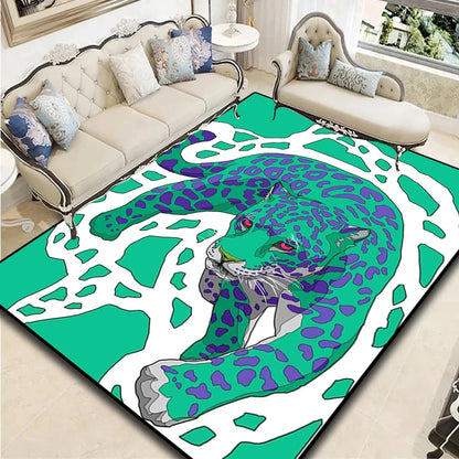 Retro Techno Color Leopard Animal Print Rug- Modern Home Decor Mat, Living Room, Bedroom, Lounge  Plush Carpet