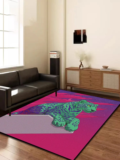 Retro Techno Color Leopard Animal Print Rug- Modern Home Decor Mat, Living Room, Bedroom, Lounge  Plush Carpet