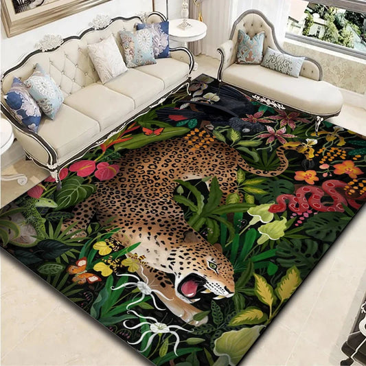 Retro Techno Color Leopard Animal Print Rug- Modern Home Decor Mat, Living Room, Bedroom, Lounge  Plush Carpet