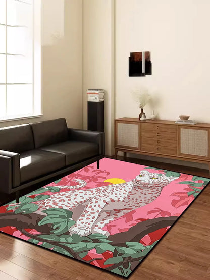 Retro Techno Color Leopard Animal Print Rug- Modern Home Decor Mat, Living Room, Bedroom, Lounge  Plush Carpet