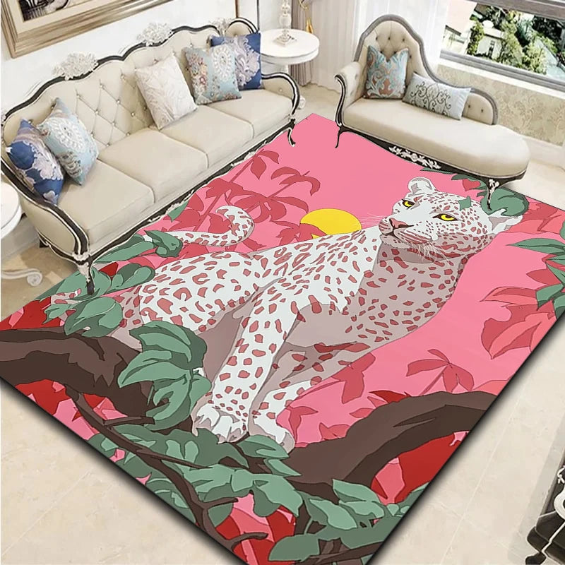 Retro Techno Color Leopard Animal Print Rug- Modern Home Decor Mat, Living Room, Bedroom, Lounge  Plush Carpet