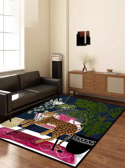 Retro Techno Color Leopard Animal Print Rug- Modern Home Decor Mat, Living Room, Bedroom, Lounge  Plush Carpet