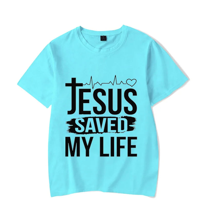 Christian Strong Jesus Saved My Life Luminous Graphic Crew Neck Tee Short Sleeve For Men And Women T-shirts - 7 Colors Available