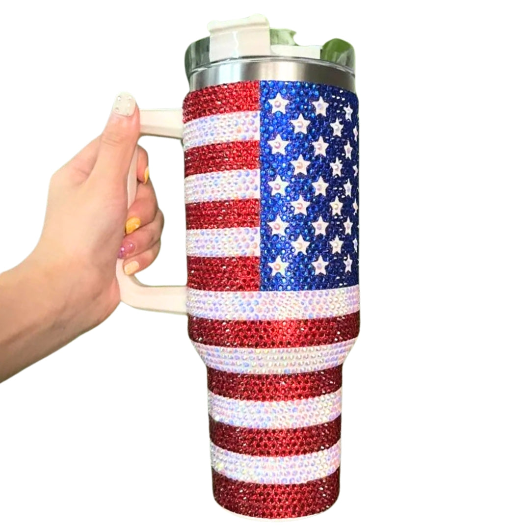 USA Vacuum Insulated Stainless Steel Rhinestone Travel Tumbler 40oz Cup/ Mug