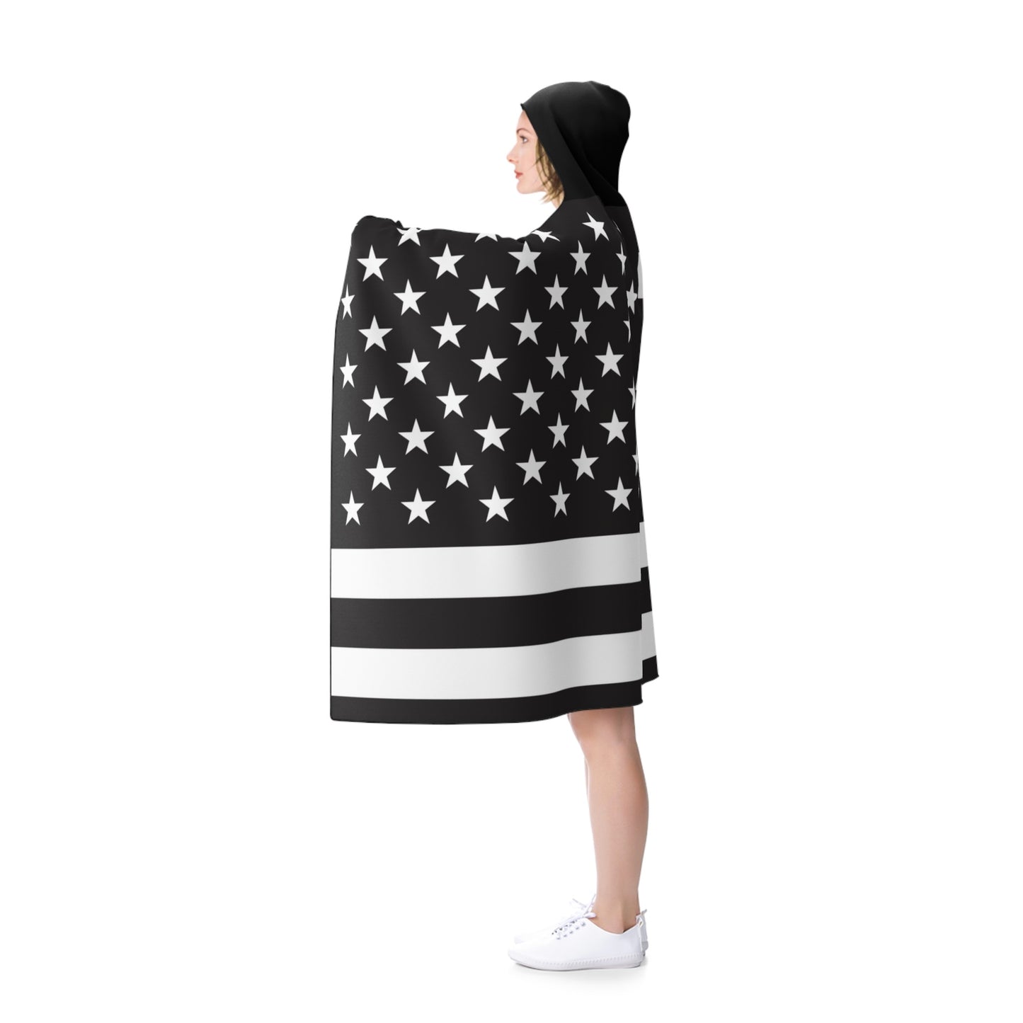 Blk-Wht US Flag Hooded Fleece Cape