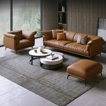 100% Soft Genuine Leather Brown Couch - Luxurious Modern Minimalist Sofa - Lounge Chair
