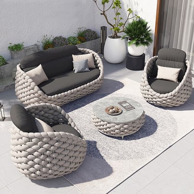 Outdoor And Indoor Woven Rope Garden Patio Furniture Sofa Set And Coffee Table - 4-Pieces