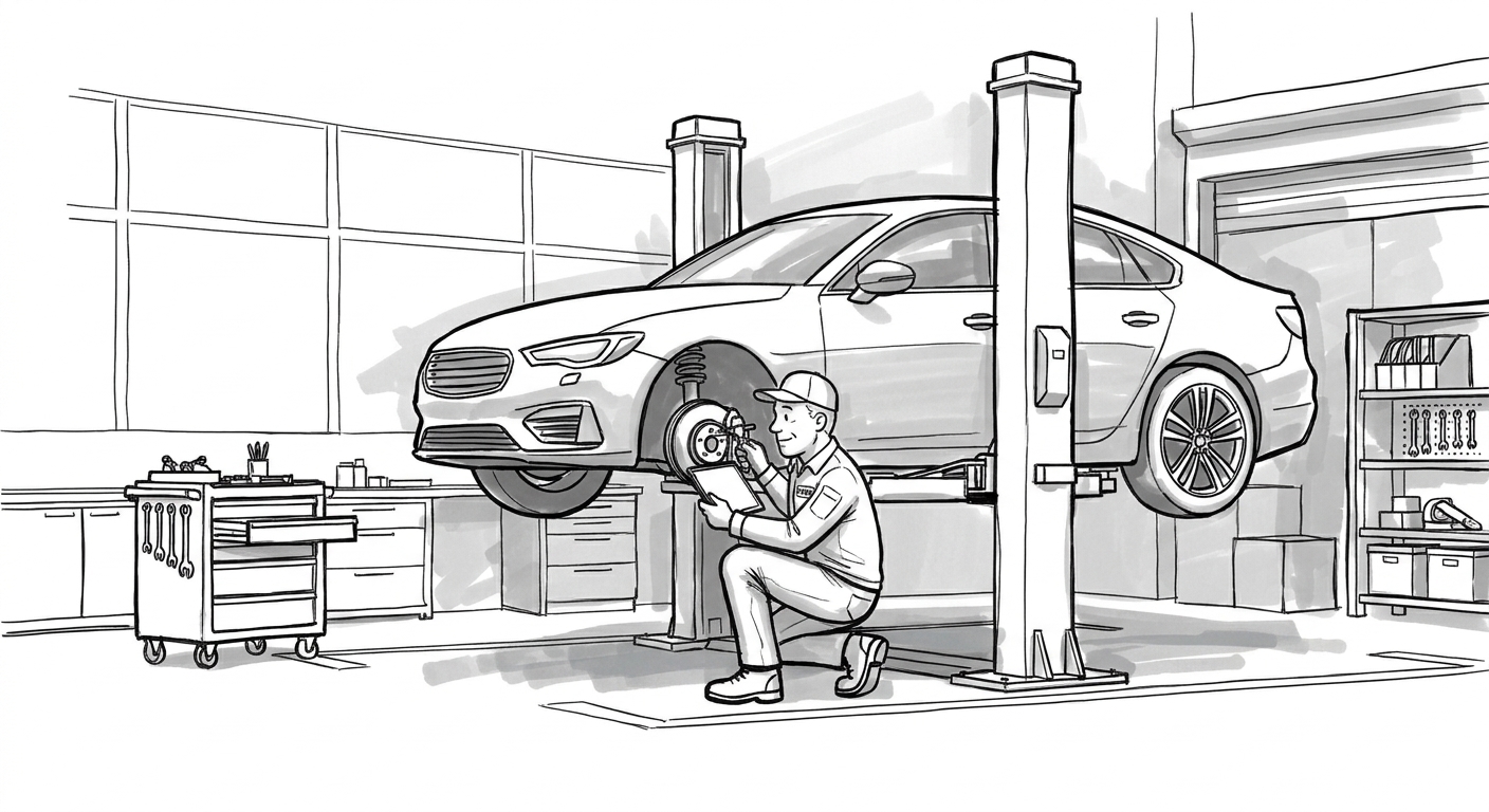 Mechanic inspecting a car on a workshop lift using a diagnostic tablet